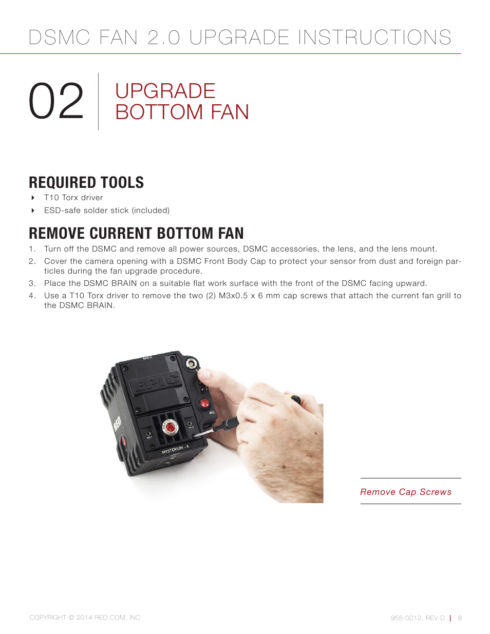 Upgrade bottom fan, Required tools, Remove current bottom fan | Dsmc fan 2.0 upgrade instructions | RED DSMC FAN 2.0 UPGRADE User Manual | Page 8 / 28