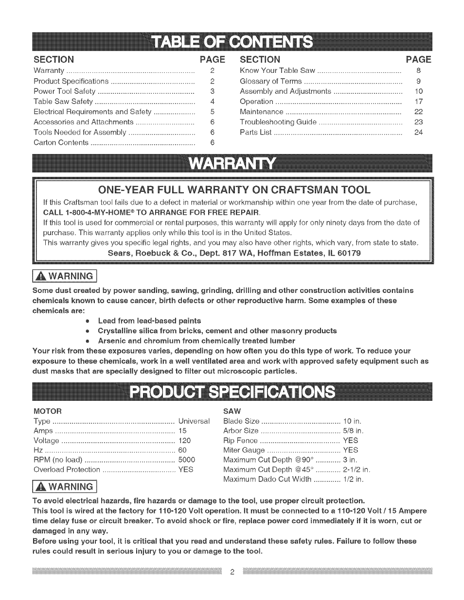 Warra, Product specification, Table of corite | One-year full warranty on craftsman tool | Craftsman 137.248840 User Manual | Page 2 / 30