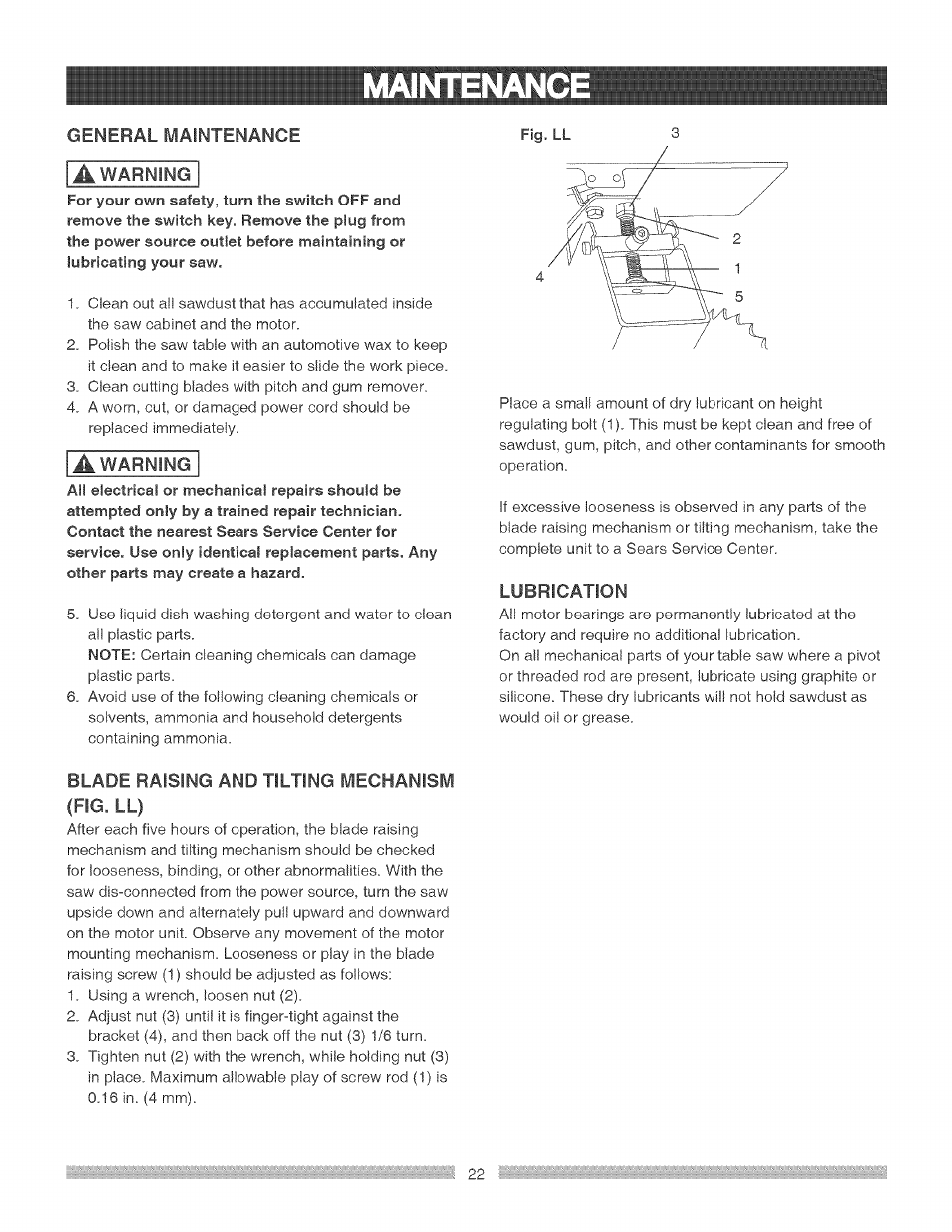 Maimtenanc | Craftsman 137.248840 User Manual | Page 22 / 30