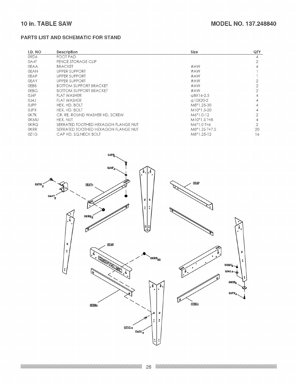 Parts list and schematic for stand, H ^ 0 a 26 | Craftsman 137.248840 User Manual | Page 26 / 30