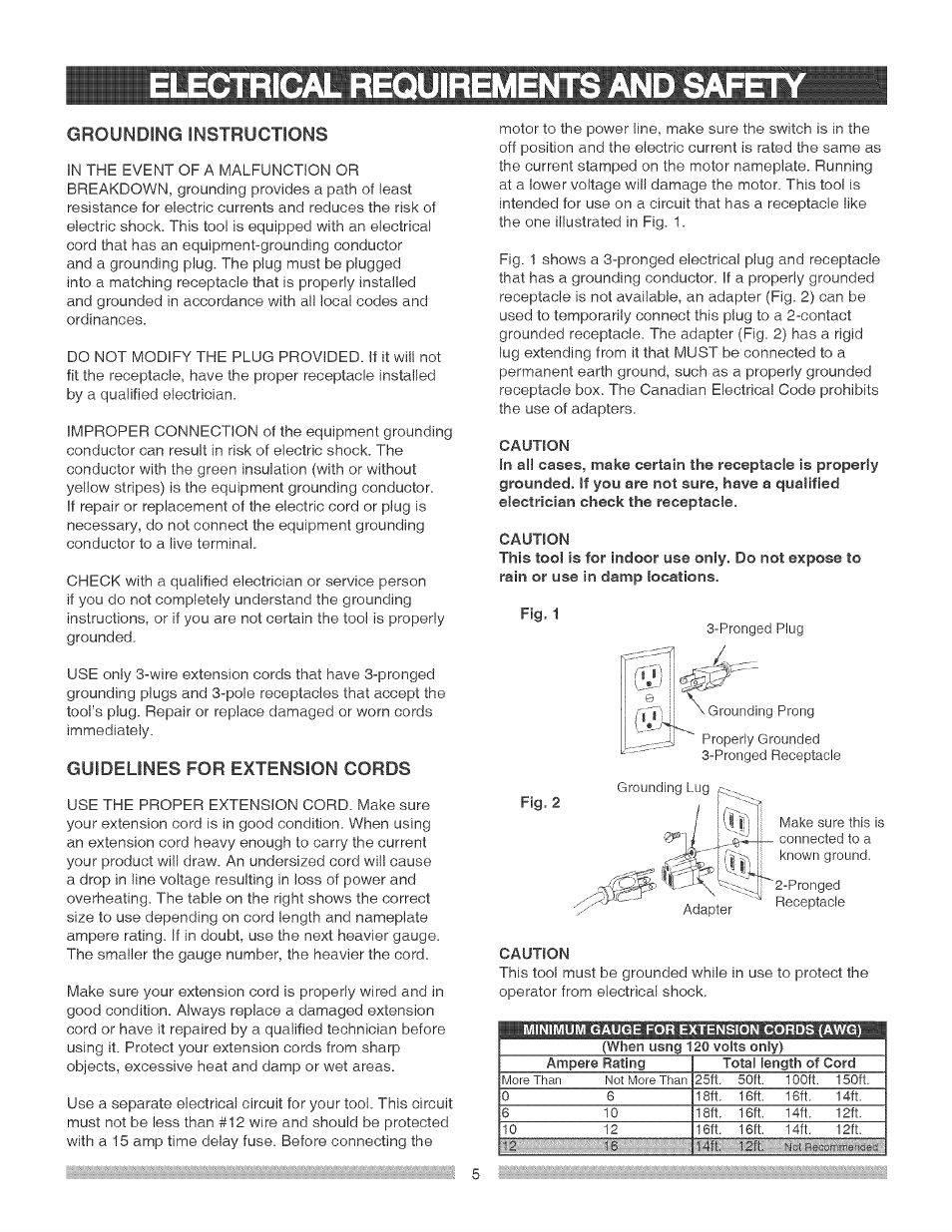 Electrical requirements and sap, Electrical requirements and safety, Grounding instructions | Guidelines for extension cords | Craftsman 137.248840 User Manual | Page 5 / 30