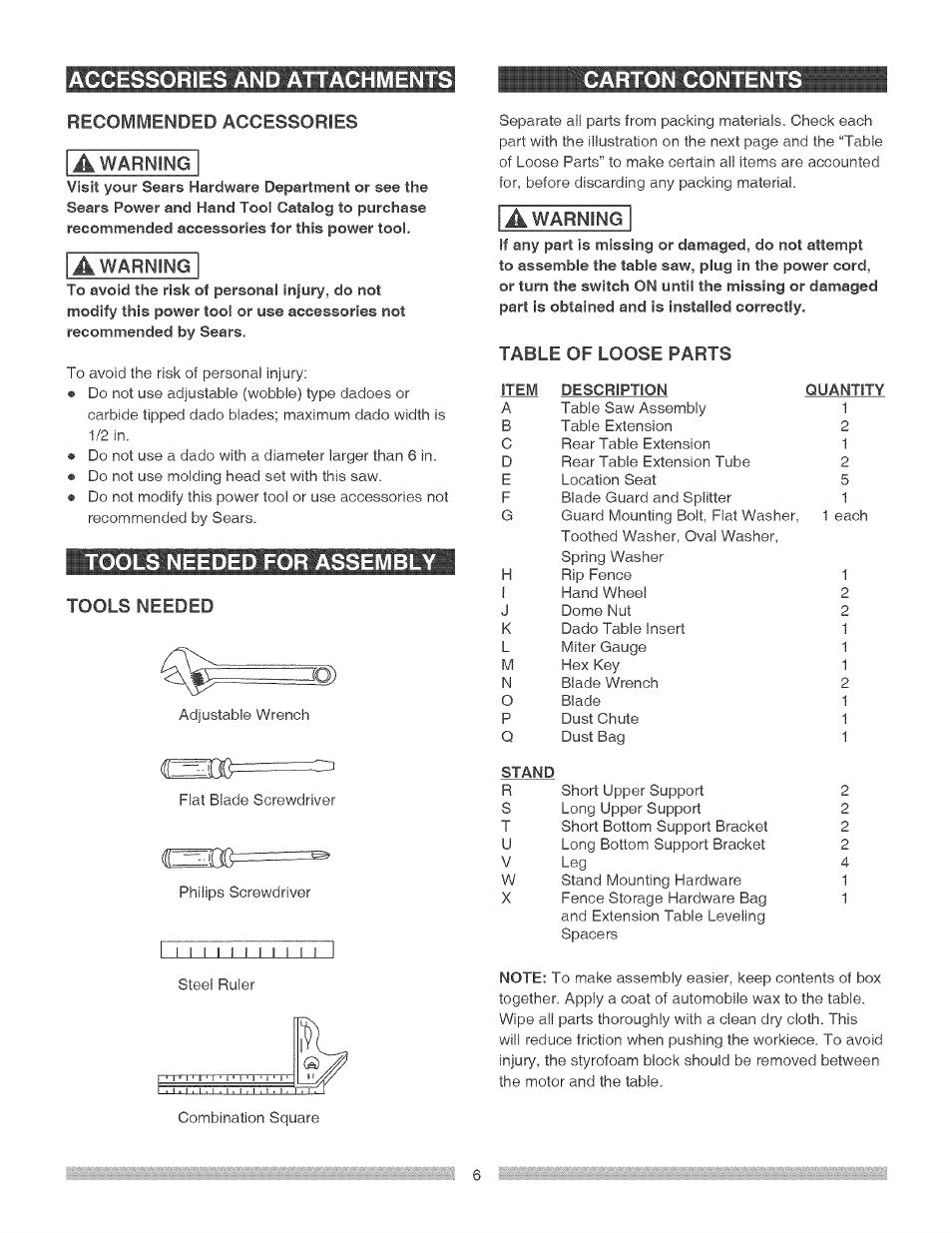 Accessories and attachments, Tools needed for assembly, Accessories and attachments carton content | Craftsman 137.248840 User Manual | Page 6 / 30