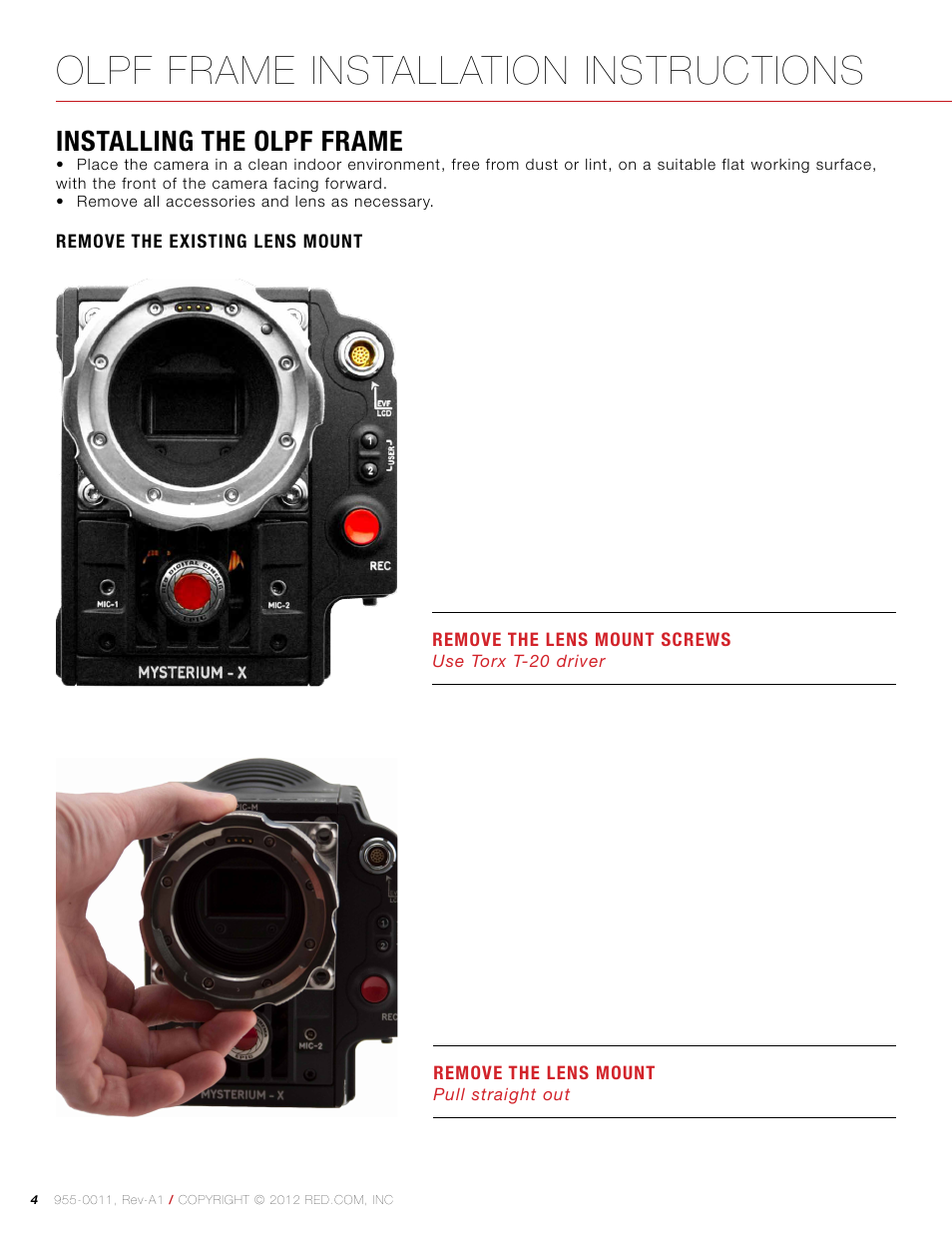 Installing the olpf frame, Remove the lens mount, Olpf frame installation instructions | RED OLPF FRAME User Manual | Page 4 / 9