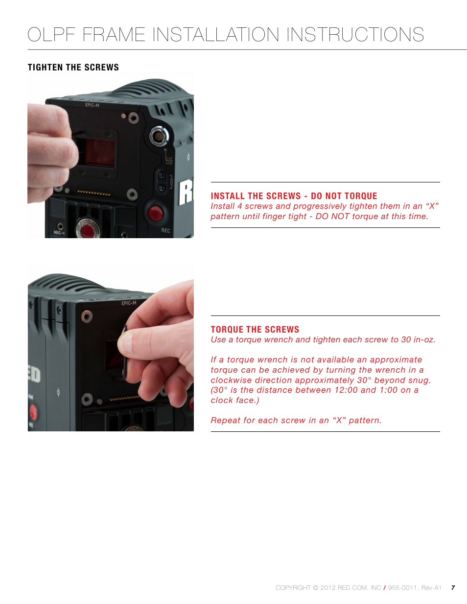 Tighten the screws, Olpf frame installation instructions | RED OLPF FRAME User Manual | Page 7 / 9