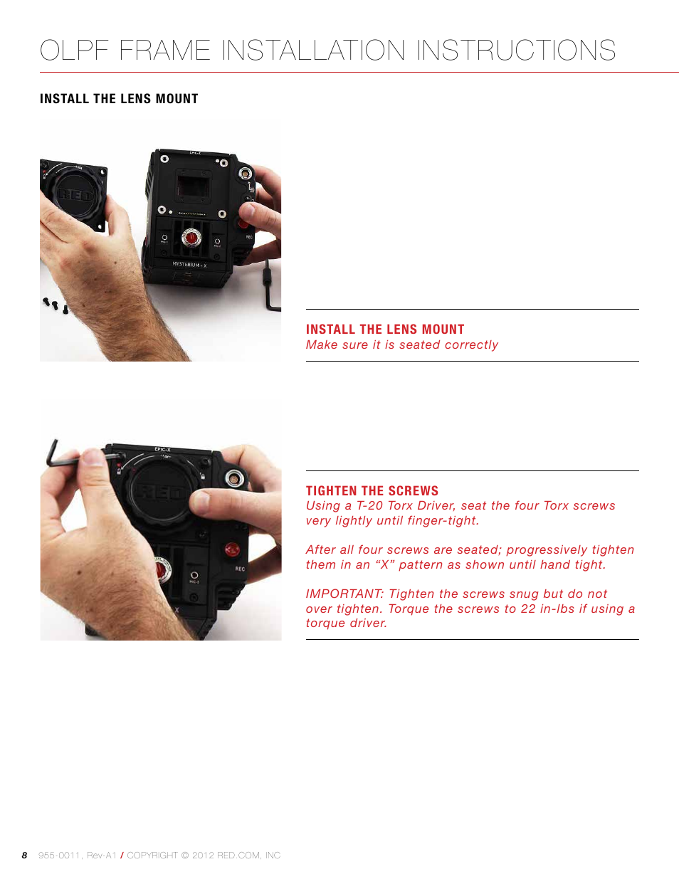 Install the lens mount, Olpf frame installation instructions | RED OLPF FRAME User Manual | Page 8 / 9