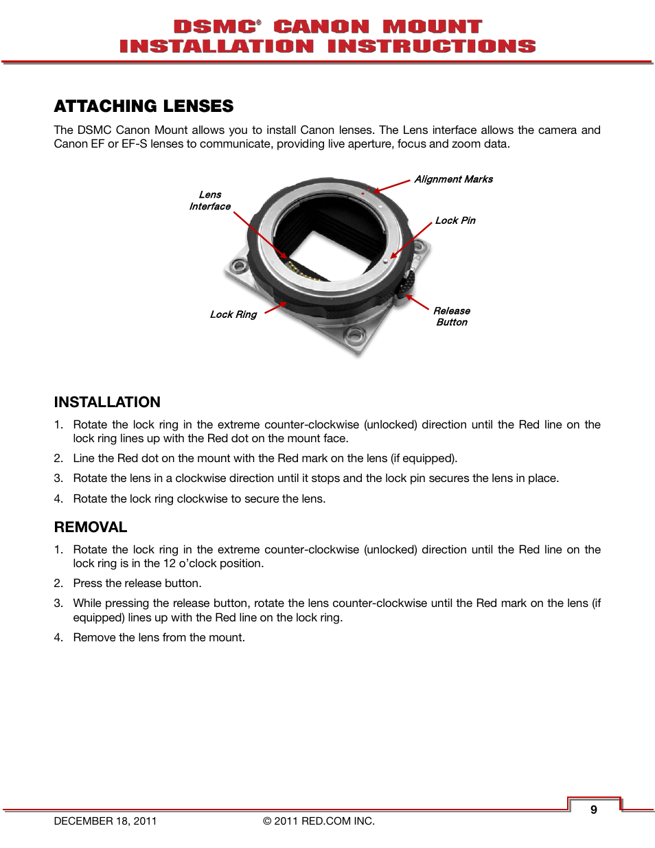 Attaching lenses, Installation, Removal | RED CANON EOS MOUNT User Manual | Page 11 / 12