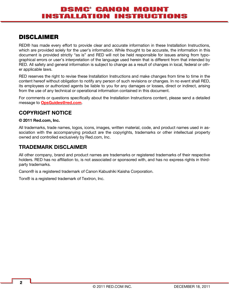 Disclaimer, Copyright notice, Trademark disclaimer | RED CANON EOS MOUNT User Manual | Page 4 / 12