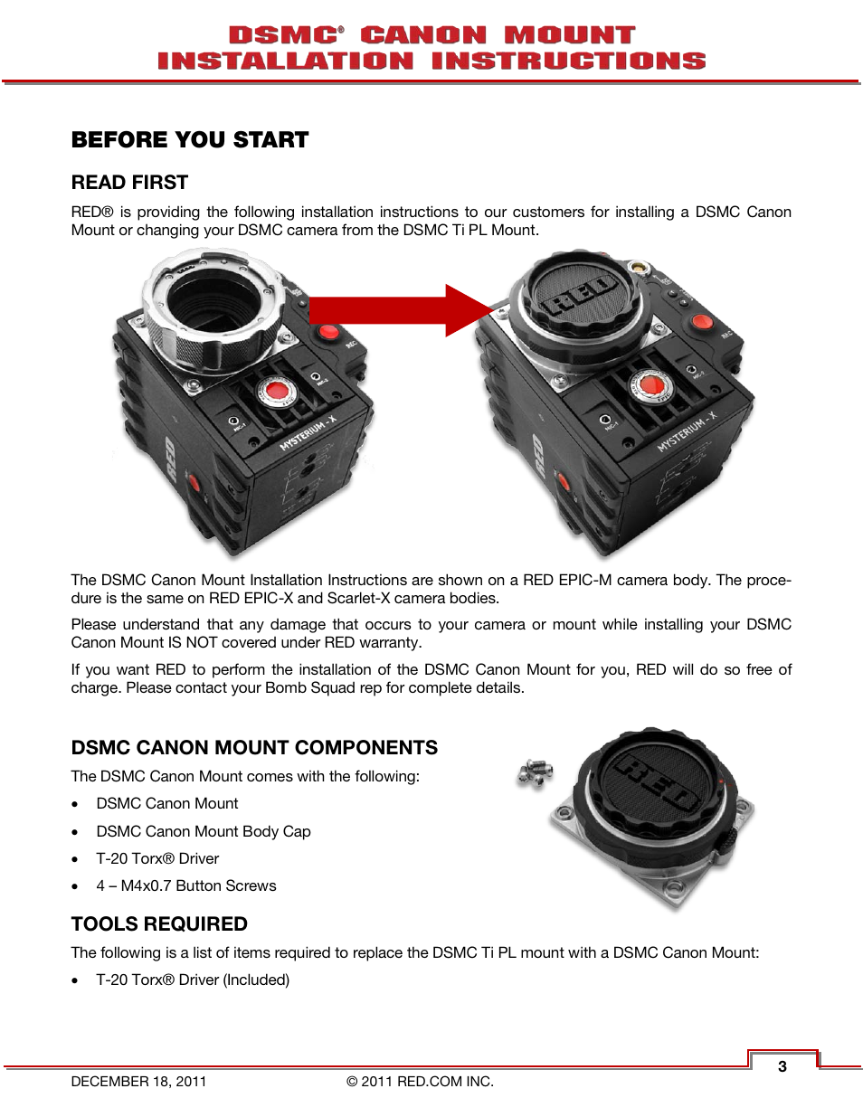 Before you start, Read first, Dsmc canon mount components | Tools required | RED CANON EOS MOUNT User Manual | Page 5 / 12