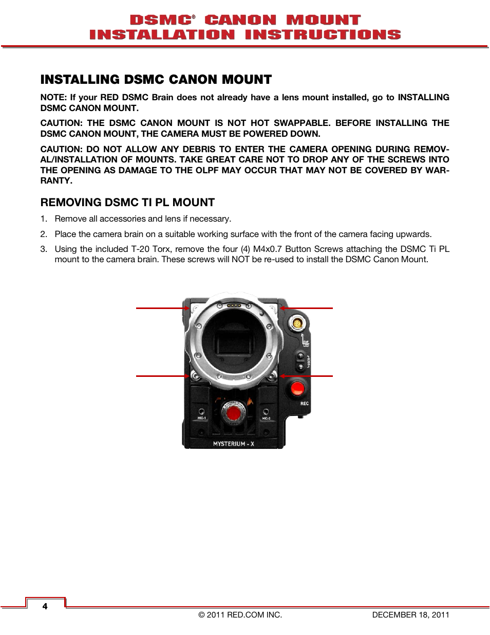 Installing dsmc canon mount, Removing dsmc ti pl mount | RED CANON EOS MOUNT User Manual | Page 6 / 12