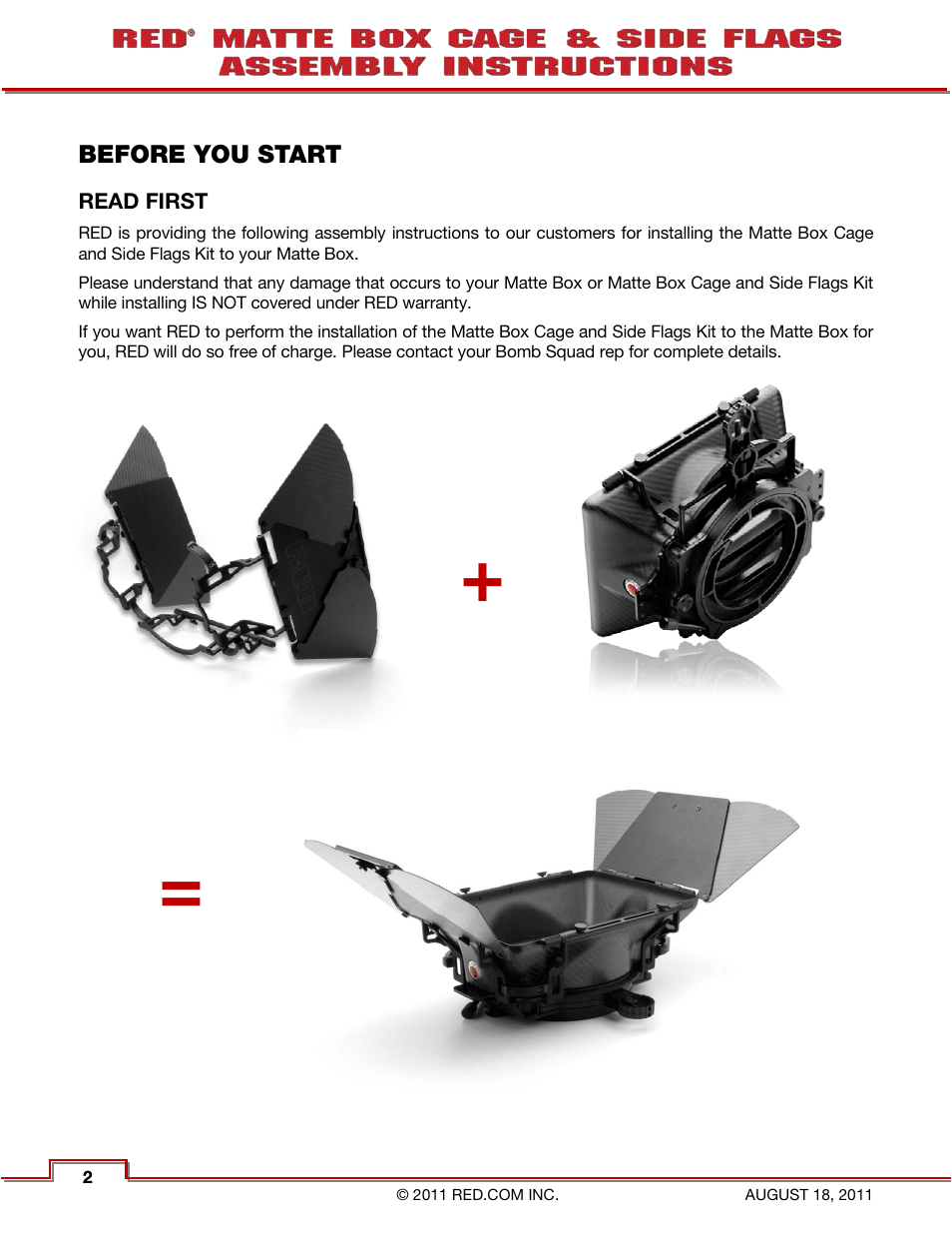 Before you start, Read first | RED MATTE BOX CAGE & SIDE FLAGS User Manual | Page 3 / 12