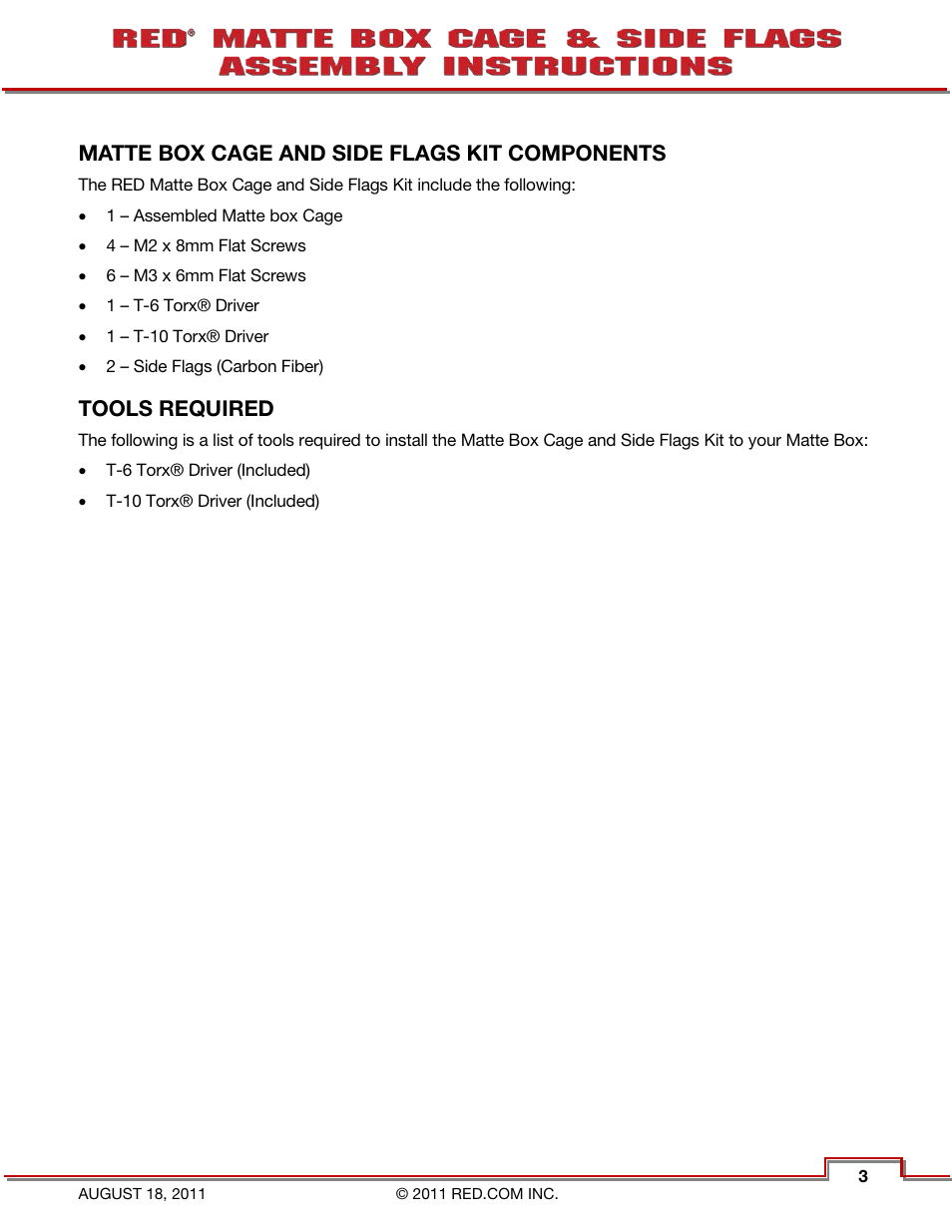 Matte box cage and side flags kit components, Tools required | RED MATTE BOX CAGE & SIDE FLAGS User Manual | Page 4 / 12