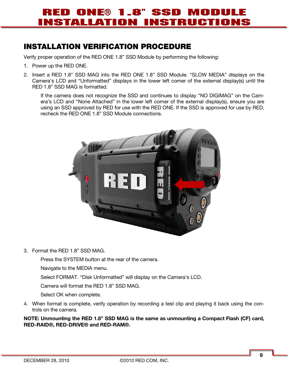 Installation verification procedure | RED ONE 1.8 SSD MODULE User Manual | Page 11 / 12