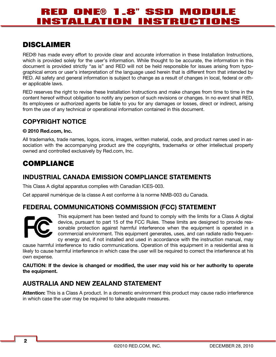 Disclaimer, Copyright notice, Compliance | Industrial canada emission compliance statements, Federal communications commission (fcc) statement, Australia and new zealand statement | RED ONE 1.8 SSD MODULE User Manual | Page 4 / 12