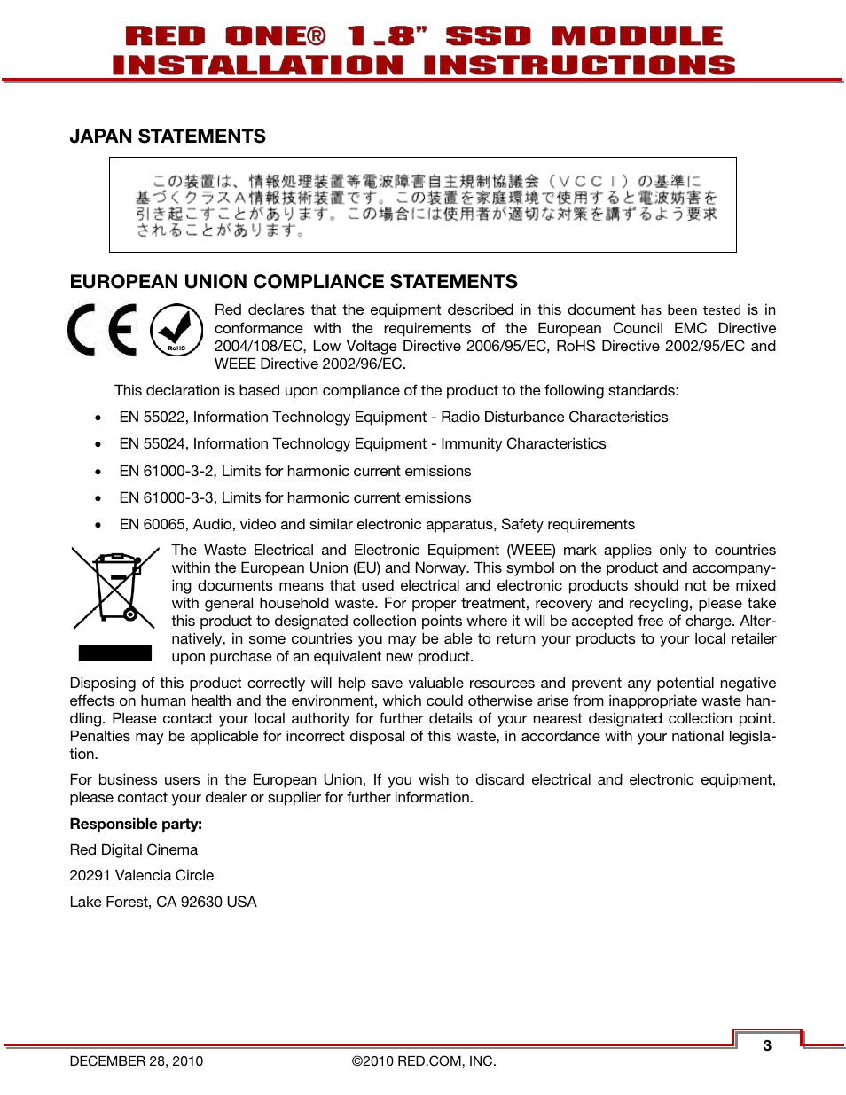 Japan statements, European union compliance statements | RED ONE 1.8 SSD MODULE User Manual | Page 5 / 12