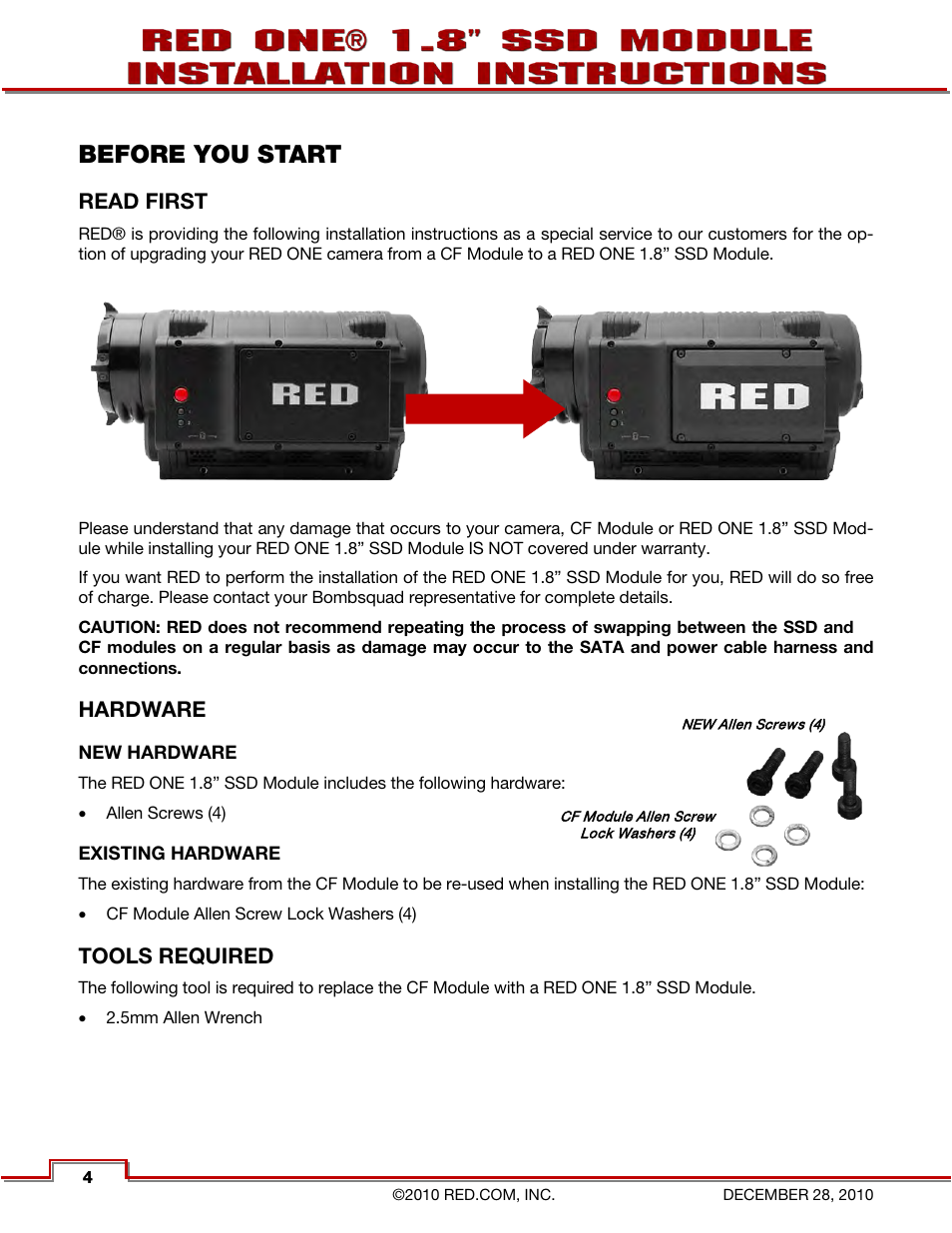 Before you start, Read first, Hardware | New hardware, Existing hardware, Tools required | RED ONE 1.8 SSD MODULE User Manual | Page 6 / 12