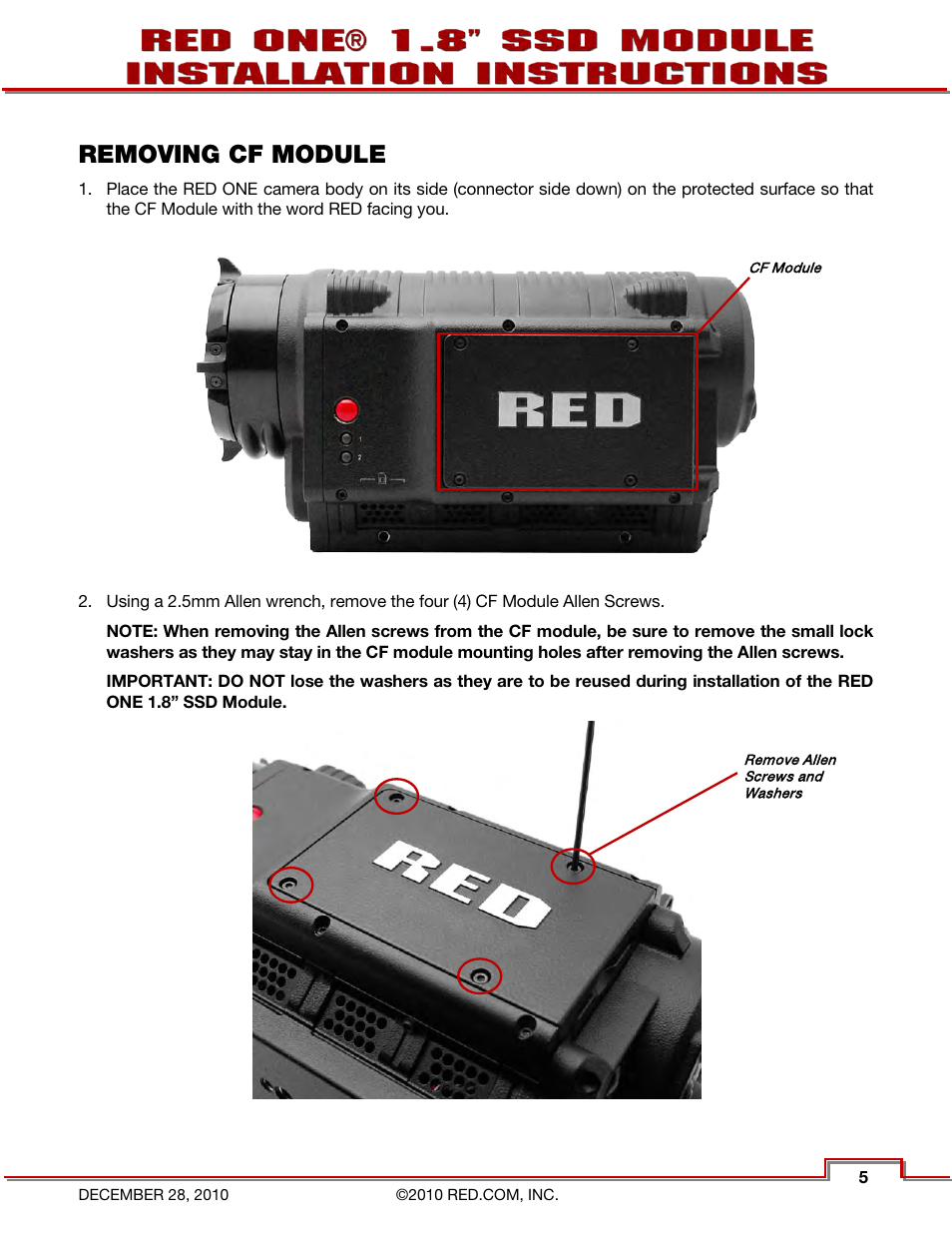 Removing cf module | RED ONE 1.8 SSD MODULE User Manual | Page 7 / 12