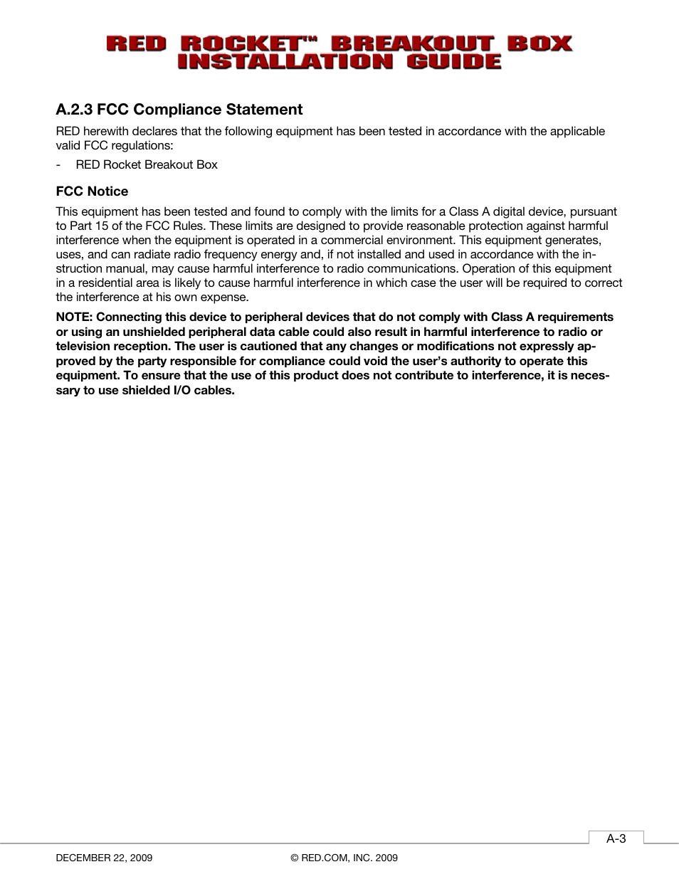 A.2.3 fcc compliance statement, Fcc notice | RED ROCKET BREAKOUT BOX User Manual | Page 19 / 20