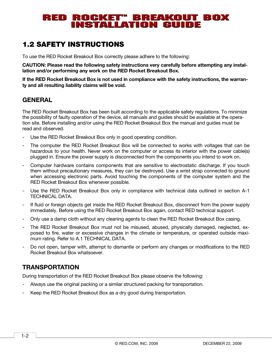2 safety instructions, General, Transportation | RED ROCKET BREAKOUT BOX User Manual | Page 6 / 20