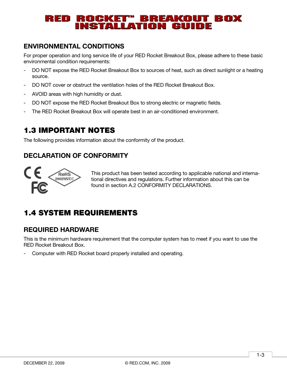 Environmental conditions, 3 important notes, Declaration of conformity | 4 system requirements, Required hardware | RED ROCKET BREAKOUT BOX User Manual | Page 7 / 20