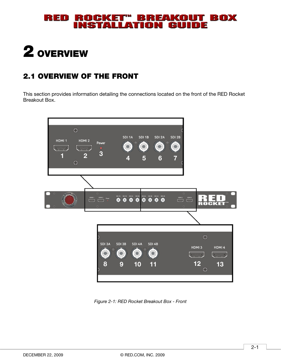 2 overview, 1 overview of the front, Overview | RED ROCKET BREAKOUT BOX User Manual | Page 9 / 20