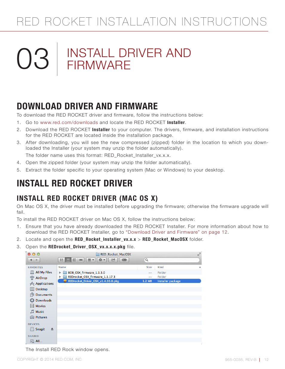 Install driver and firmware, Download driver and firmware, Install red rocket driver | Install red rocket driver (mac os x), Red rocket installation instructions | RED ROCKET User Manual | Page 12 / 31