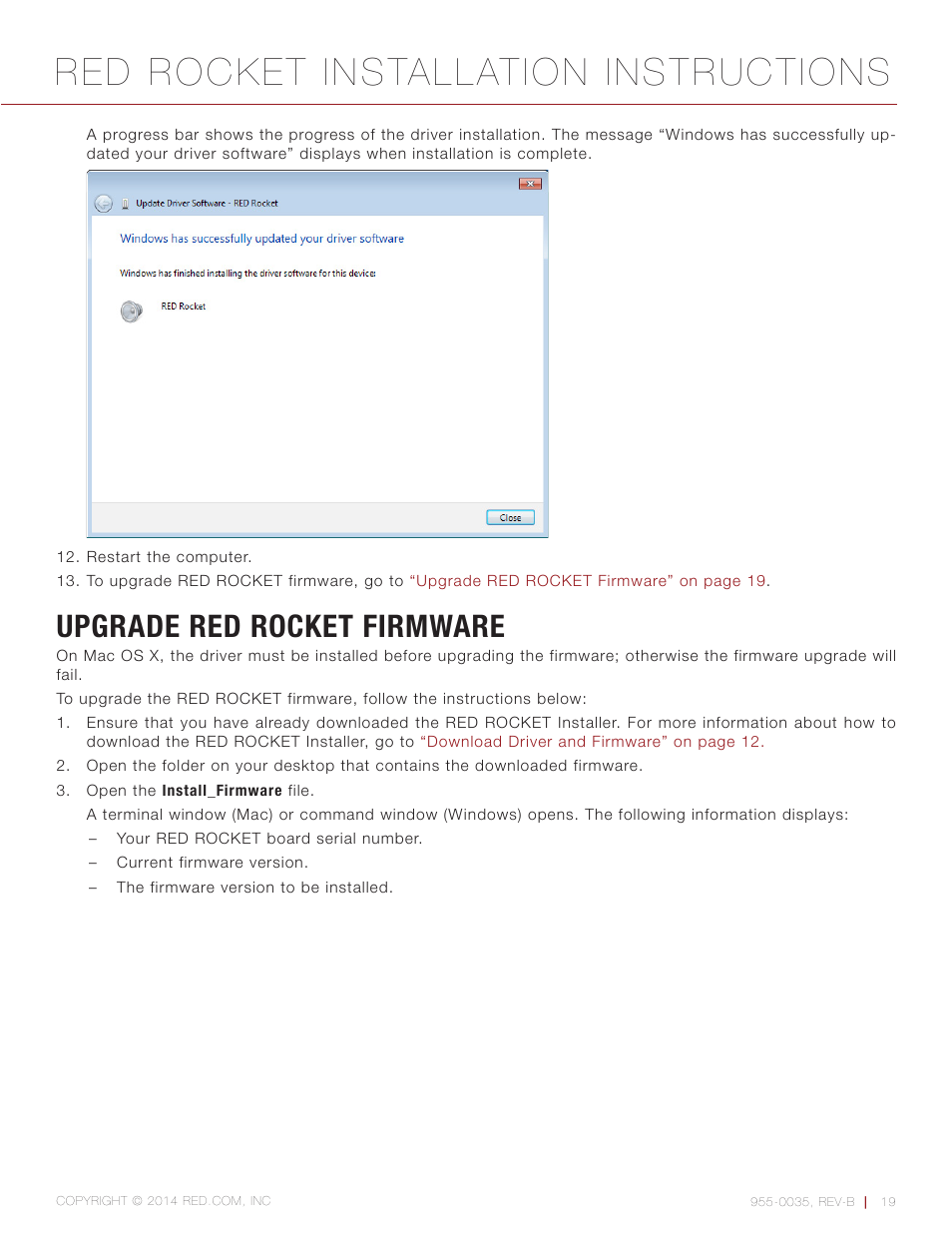 Upgrade red rocket firmware, Red rocket installation instructions | RED ROCKET User Manual | Page 19 / 31