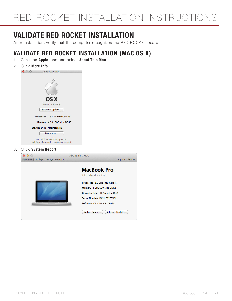 Validate red rocket installation, Validate red rocket installation (mac os x), Red rocket installation instructions | RED ROCKET User Manual | Page 21 / 31