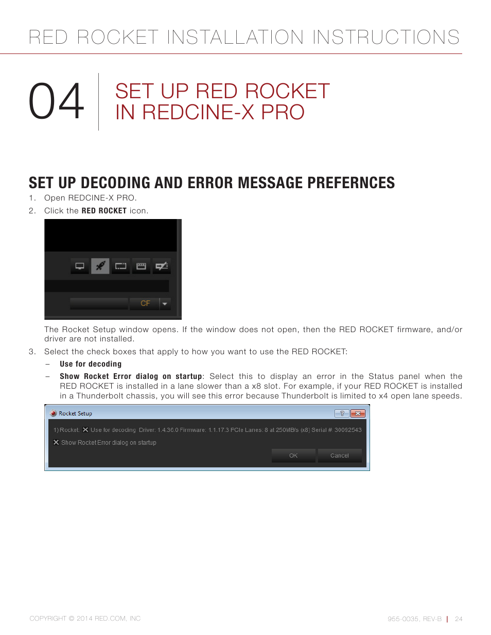 Set up red rocket in redcine-x pro, Set up decoding and error message prefernces, Set up decoding and error message prefernces 24 | Red rocket installation instructions | RED ROCKET User Manual | Page 24 / 31
