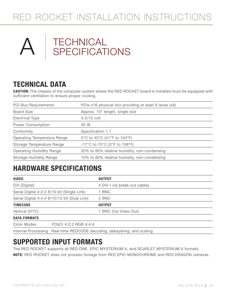 Technical specifications, Technical data, Hardware specifications | Supported input formats, Red rocket installation instructions | RED ROCKET User Manual | Page 26 / 31