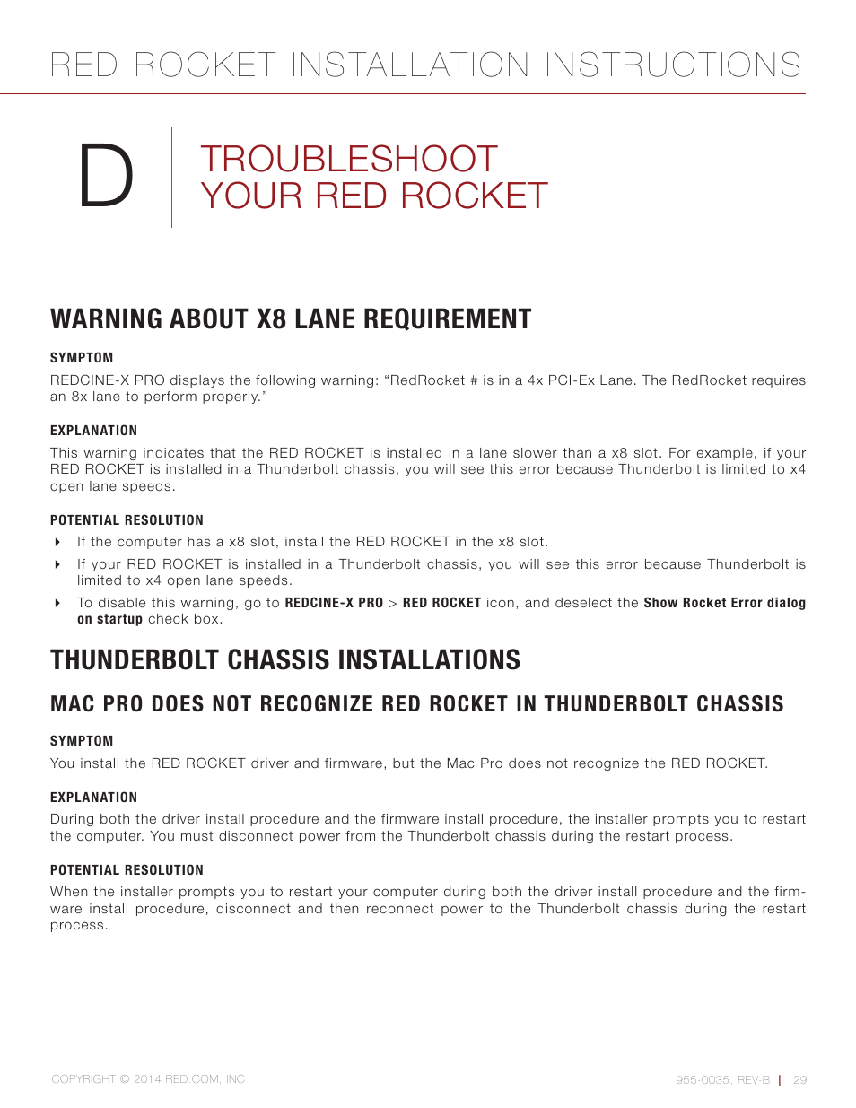 Troubleshoot your red rocket, Warning about x8 lane requirement, Symptom | Explanation, Potential resolution, Thunderbolt chassis installations, Red rocket installation instructions | RED ROCKET User Manual | Page 29 / 31