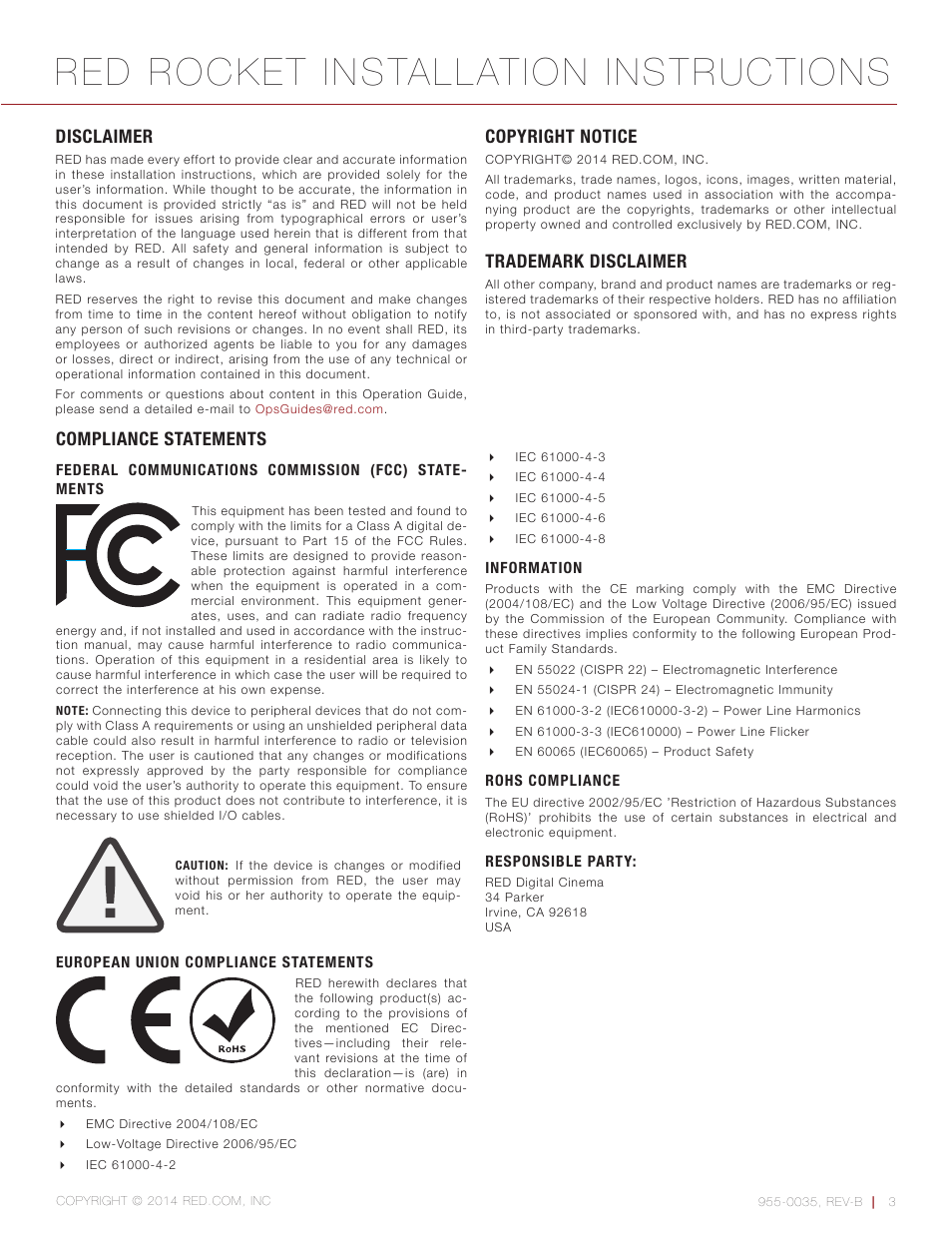 Disclaimer, Copyright notice, Trademark disclaimer | Compliance statements, Disclaimer 3, Red rocket installation instructions | RED ROCKET User Manual | Page 3 / 31