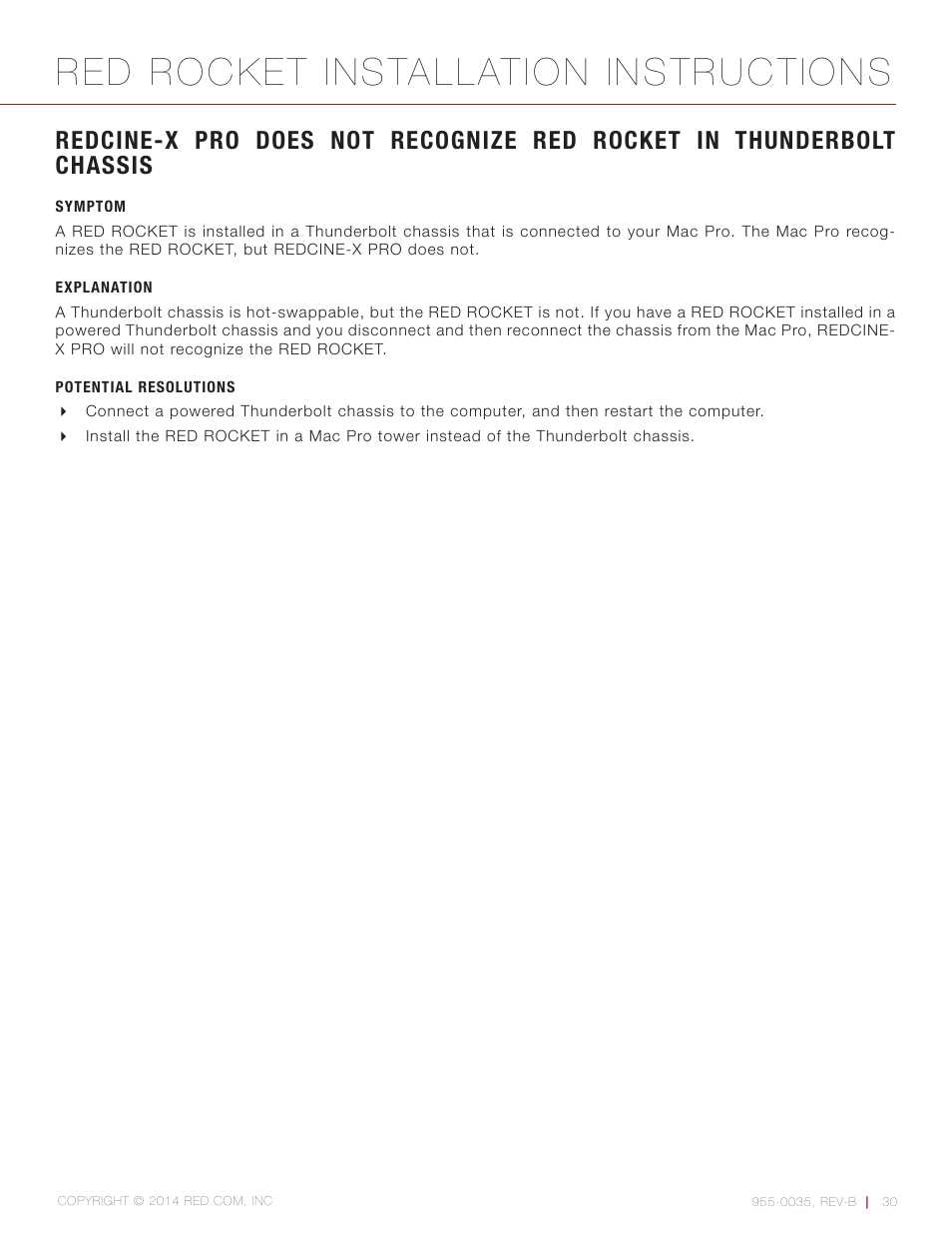 Symptom, Explanation, Potential resolutions | Red rocket installation instructions | RED ROCKET User Manual | Page 30 / 31