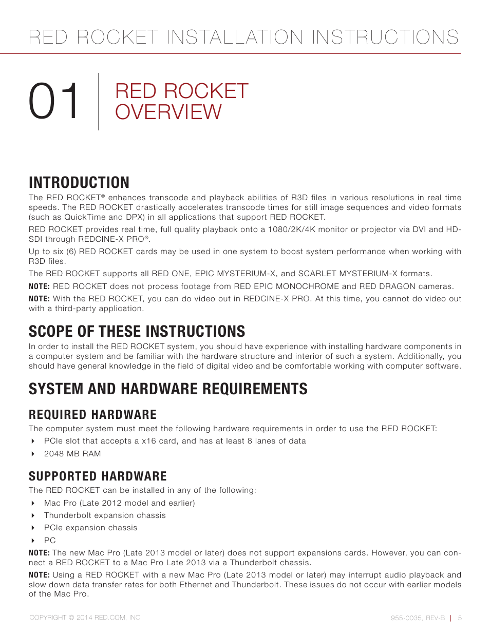 Red rocket overview, Introduction, Scope of these instructions | System and hardware requirements, Required hardware, Supported hardware, Introduction 5, Red rocket installation instructions | RED ROCKET User Manual | Page 5 / 31