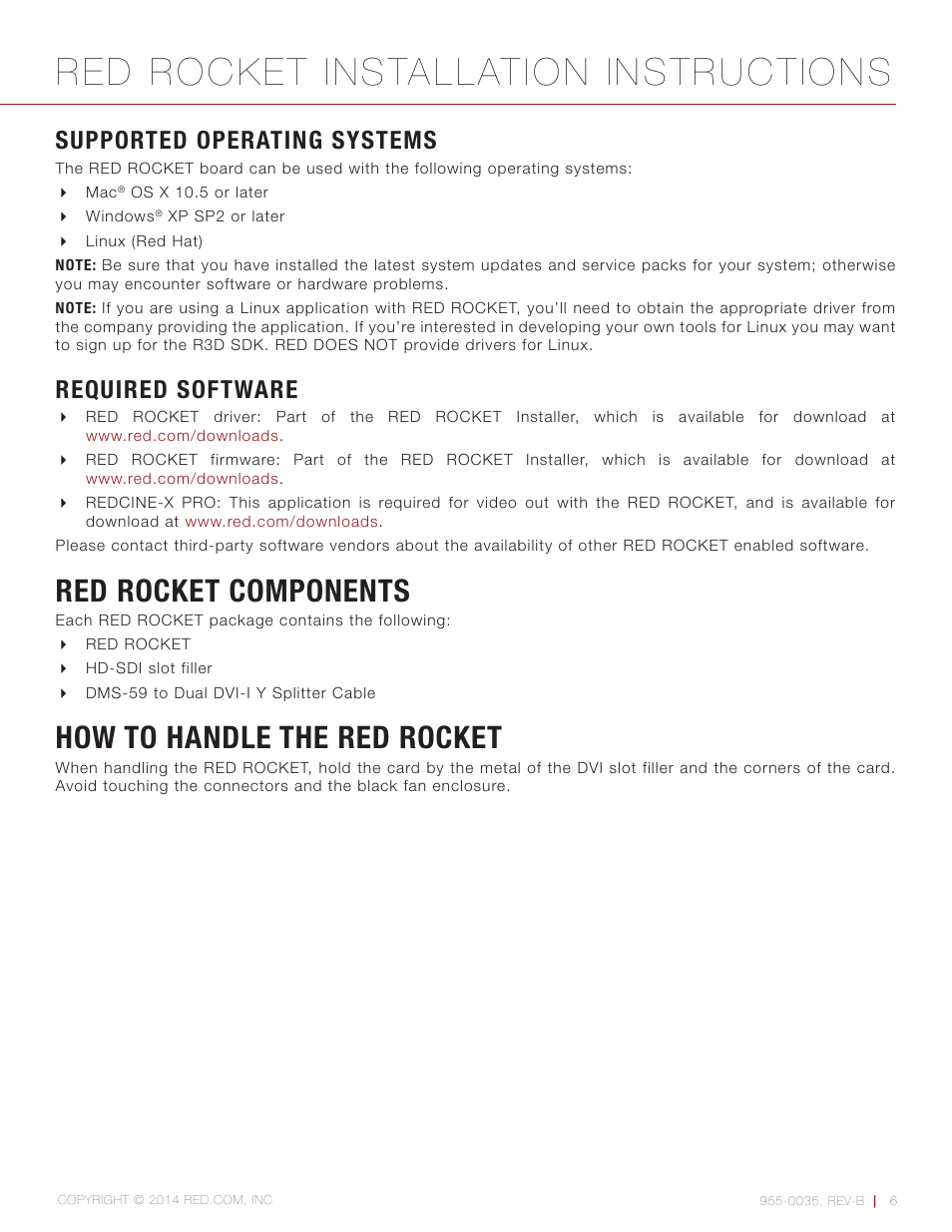 Supported operating systems, Required software, Red rocket components | How to handle the red rocket, Red rocket installation instructions | RED ROCKET User Manual | Page 6 / 31