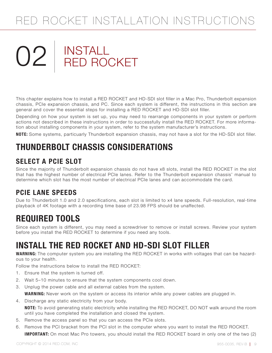 Install red rocket, Thunderbolt chassis considerations, Select a pcie slot | Pcie lane speeds, Required tools, Install the red rocket and hd-sdi slot filler, Red rocket installation instructions | RED ROCKET User Manual | Page 9 / 31