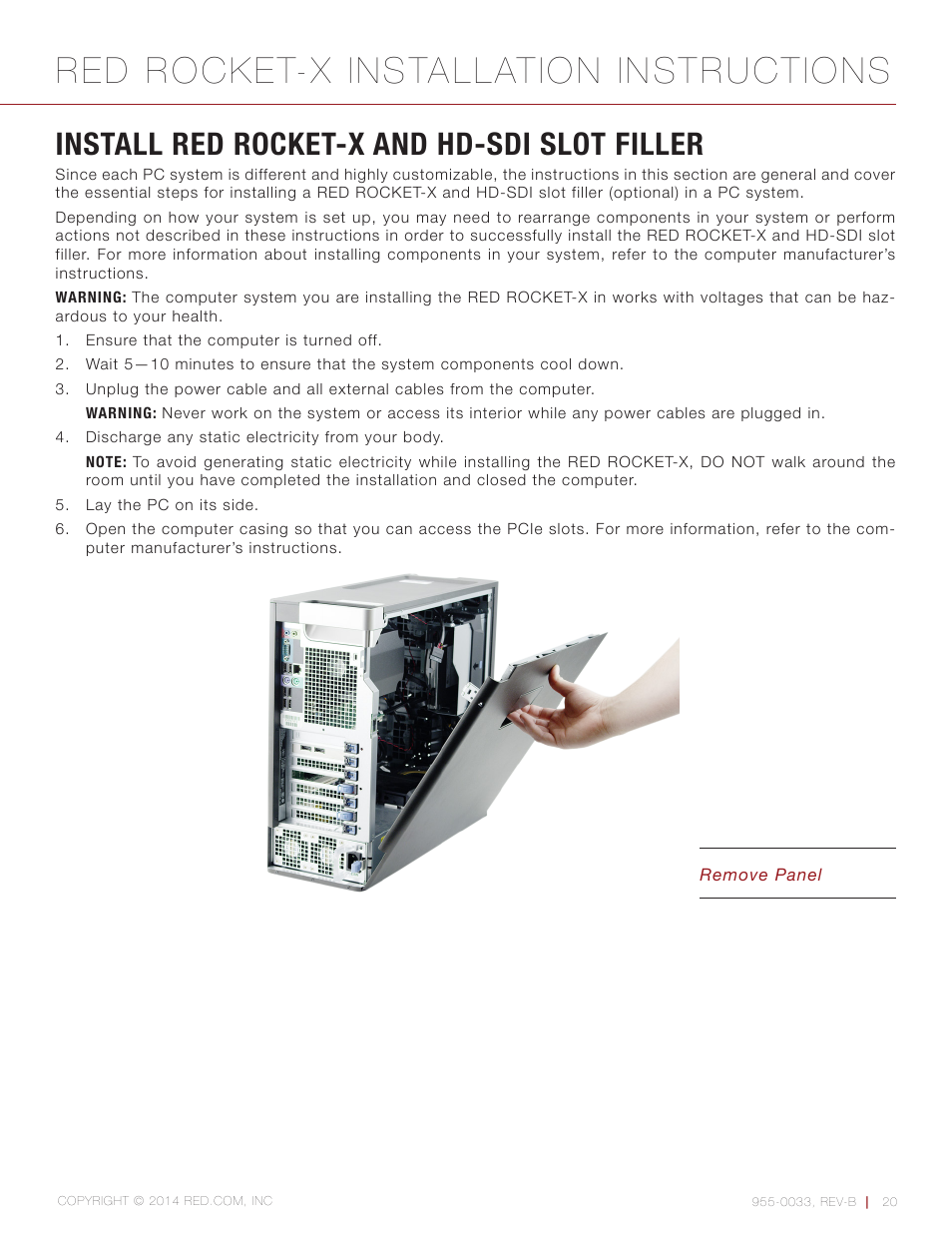 Install red rocket-x and hd-sdi slot filler, Red rocket-x installation instructions | RED ROCKET-X User Manual | Page 20 / 45
