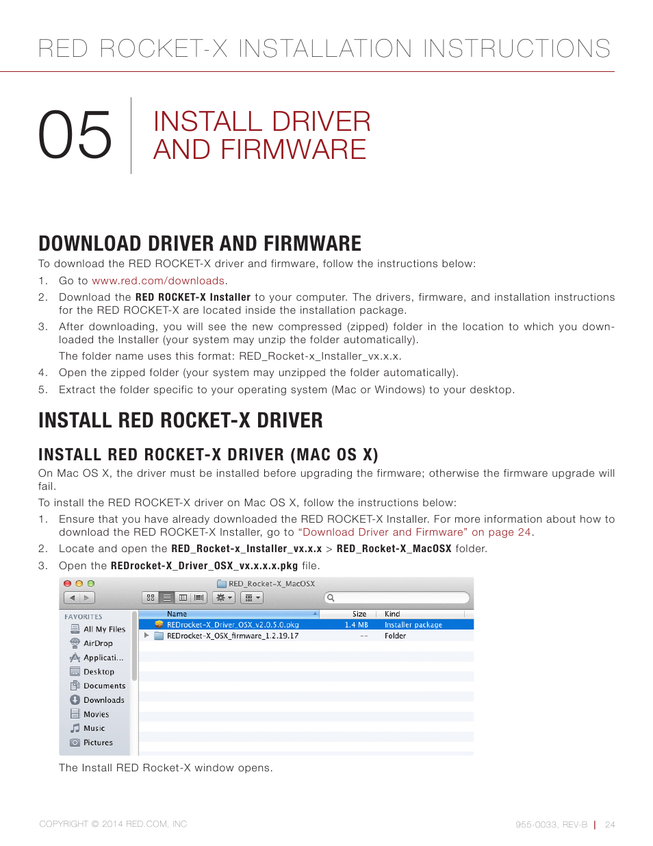 Install driver and firmware, Download driver and firmware, Install red rocket-x driver | Install red rocket-x driver (mac os x), Red rocket-x installation instructions | RED ROCKET-X User Manual | Page 24 / 45