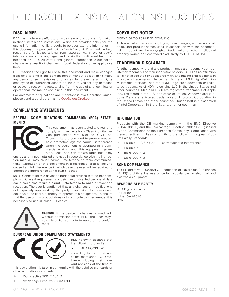 Disclaimer, Copyright notice, Trademark disclaimer | Compliance statements, Disclaimer 3, Red rocket-x installation instructions | RED ROCKET-X User Manual | Page 3 / 45