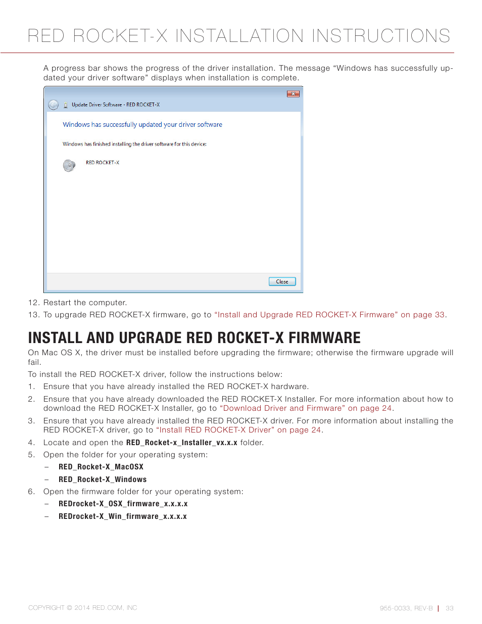 Install and upgrade red rocket-x firmware, Red rocket-x installation instructions | RED ROCKET-X User Manual | Page 33 / 45