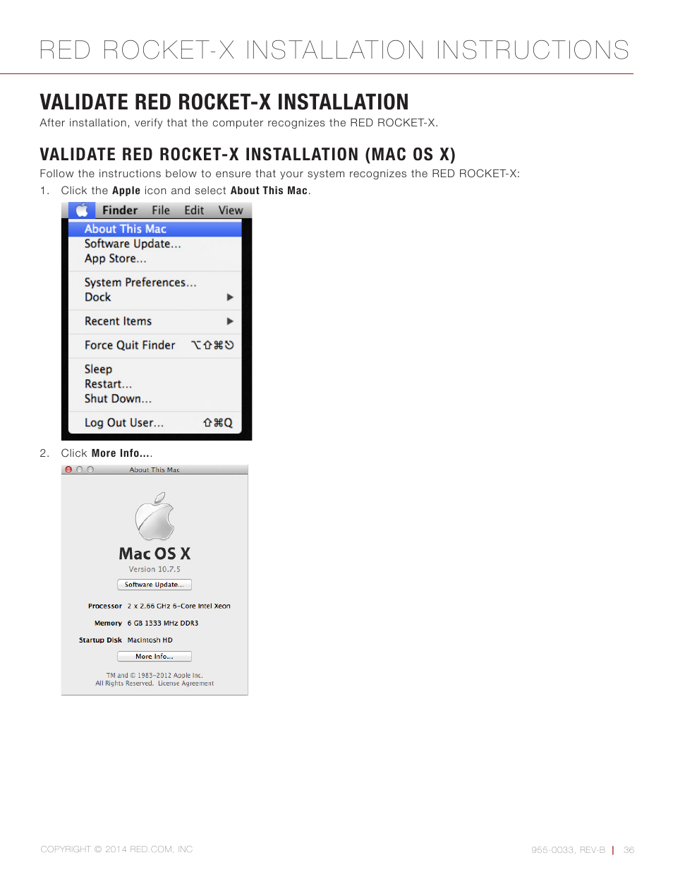 Validate red rocket-x installation, Validate red rocket-x installation (mac os x), Red rocket-x installation instructions | RED ROCKET-X User Manual | Page 36 / 45