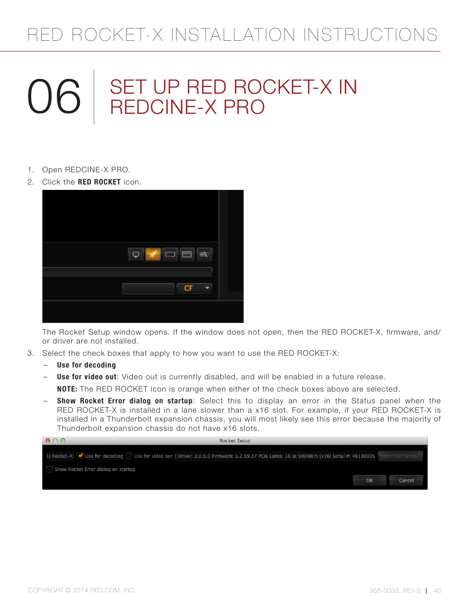 Set up red rocket-x in redcine-x pro, Red rocket-x installation instructions | RED ROCKET-X User Manual | Page 40 / 45