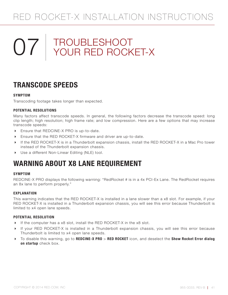 Troubleshoot your red rocket-x, Transcode speeds, Symptom | Potential resolutions, Warning about x8 lane requirement, Explanation, Potential resolution, Red rocket-x installation instructions | RED ROCKET-X User Manual | Page 41 / 45
