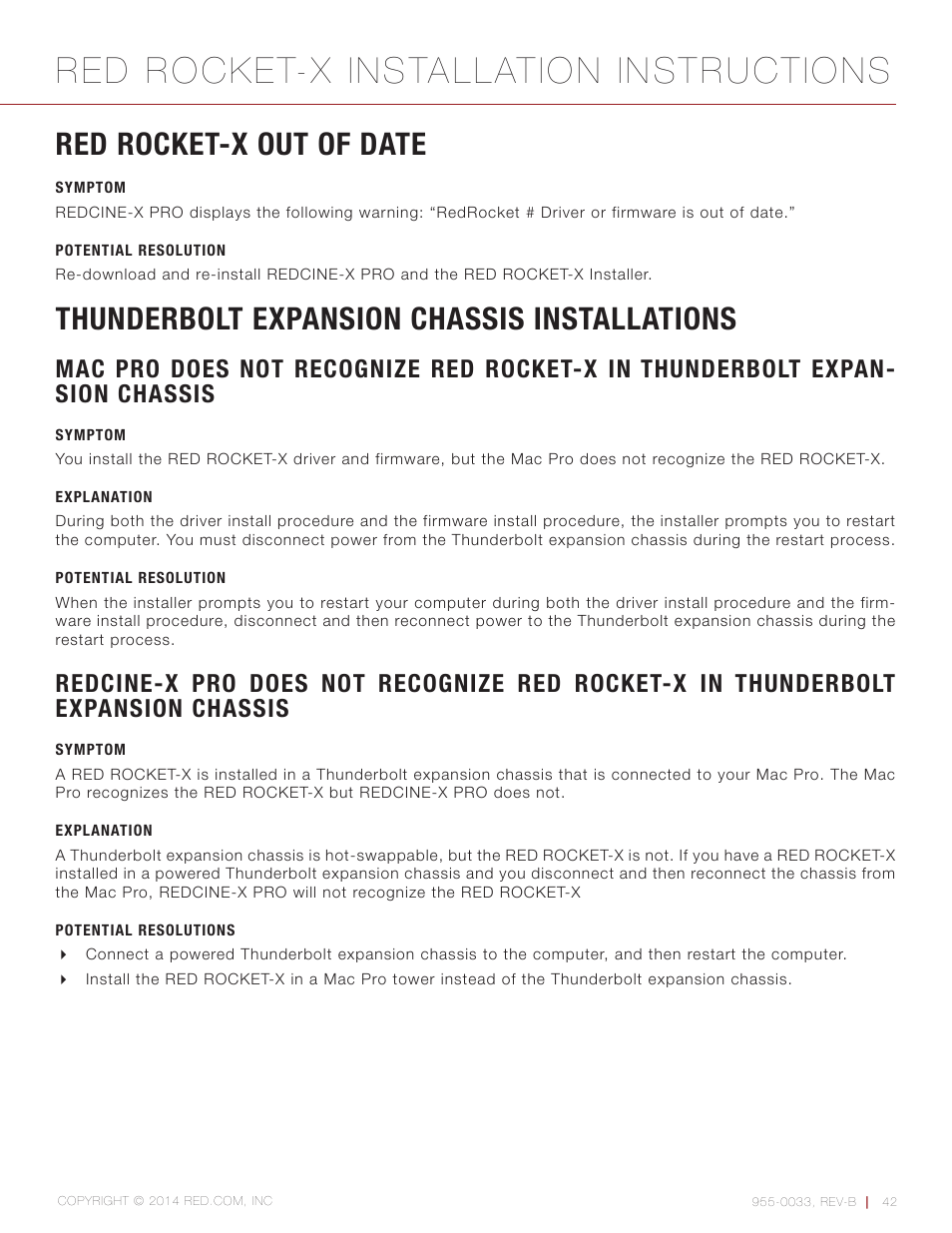 Red rocket-x out of date, Symptom, Potential resolution | Thunderbolt expansion chassis installations, Explanation, Potential resolutions, Red rocket-x installation instructions | RED ROCKET-X User Manual | Page 42 / 45