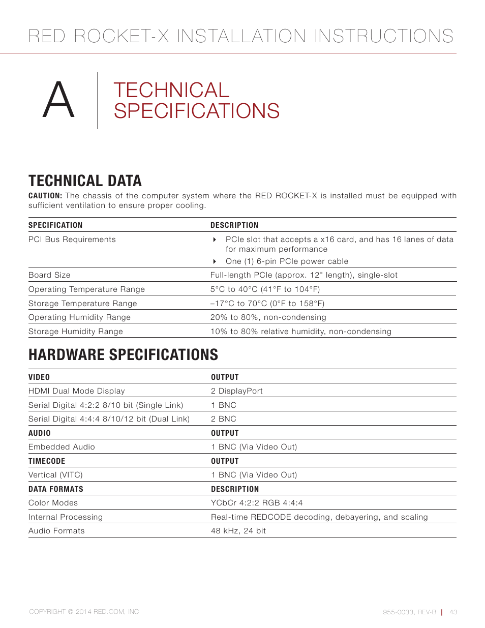 Technical specifications, Technical data, Hardware specifications | Red rocket-x installation instructions | RED ROCKET-X User Manual | Page 43 / 45
