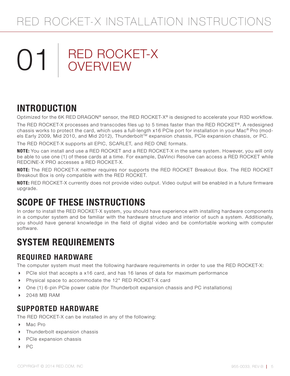 Red rocket-x overview, Introduction, Scope of these instructions | System requirements, Required hardware, Supported hardware, Introduction 5, Red rocket-x installation instructions | RED ROCKET-X User Manual | Page 5 / 45