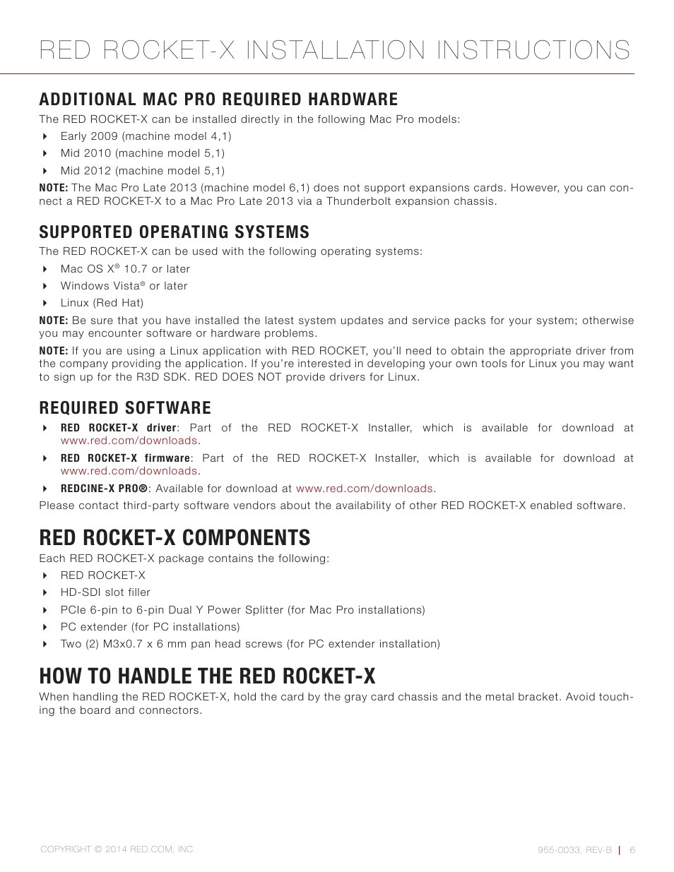 Additional mac pro required hardware, Supported operating systems, Required software | Red rocket-x components, How to handle the red rocket-x, Red rocket-x installation instructions | RED ROCKET-X User Manual | Page 6 / 45