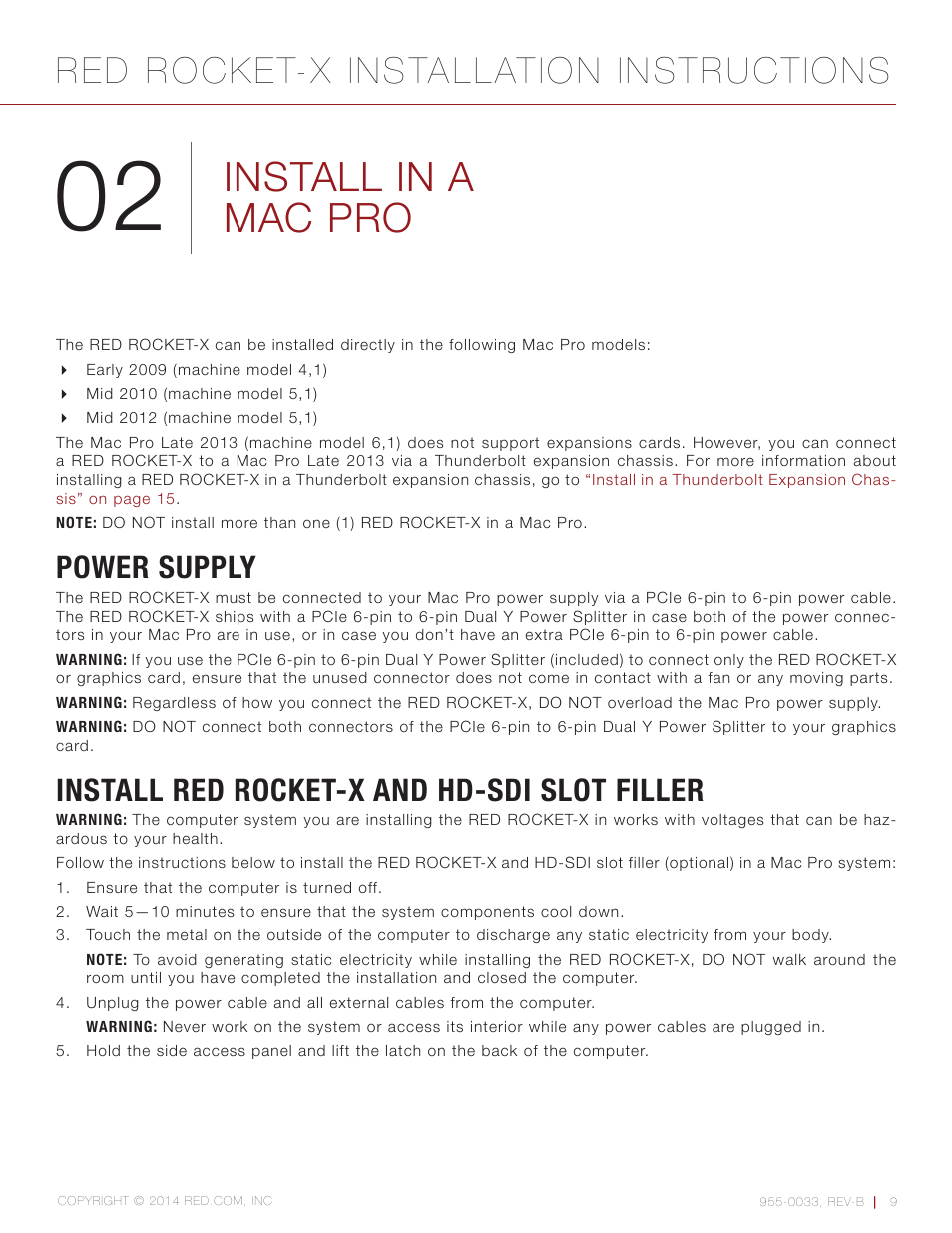 Install in a mac pro, Power supply, Install red rocket-x and hd-sdi slot filler | Red rocket-x installation instructions | RED ROCKET-X User Manual | Page 9 / 45