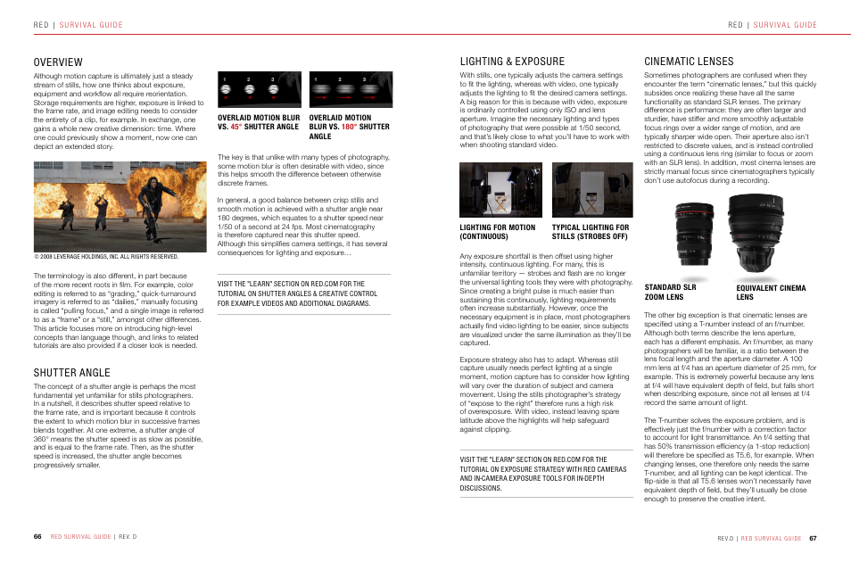 Overview, Shutter angle, Lighting & exposure | Cinematic lenses | RED SURVIVAL GUIDE User Manual | Page 34 / 37