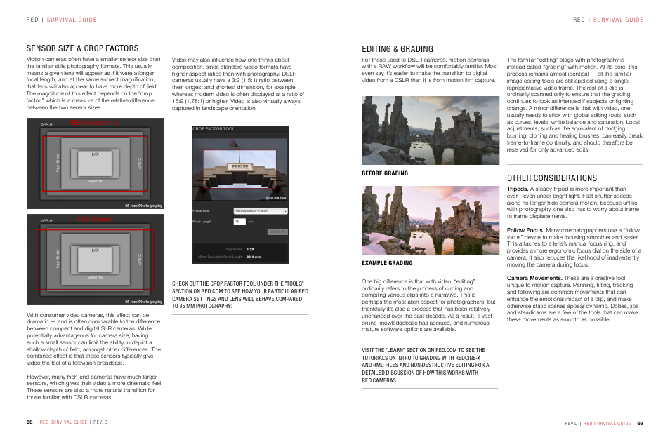 Sensor size & crop factors, Editing & grading, Other considerations | RED SURVIVAL GUIDE User Manual | Page 35 / 37