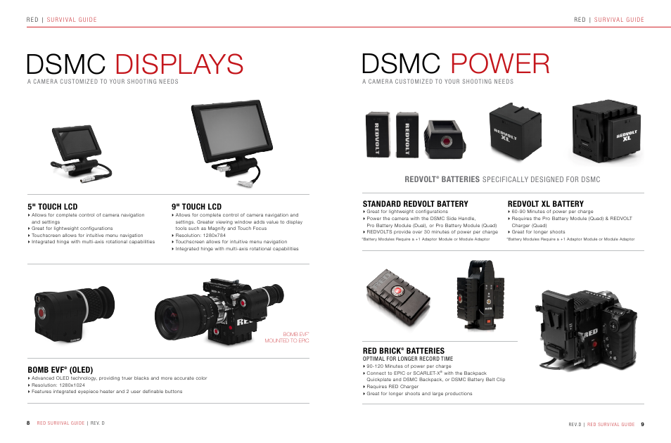 Dsmc displays, Dsmc power, 5" touch lcd | 9" touch lcd, Bomb evf, Oled), Standard redvolt battery, Redvolt xl battery, Red brick, Batteries | RED SURVIVAL GUIDE User Manual | Page 5 / 37